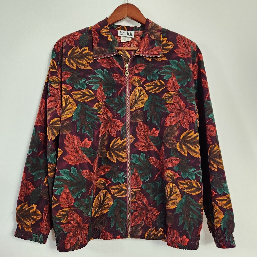 Vintage Teddi Womens Size 10 L Fall Leaves Print Zip Front Jacket Burgundy USA